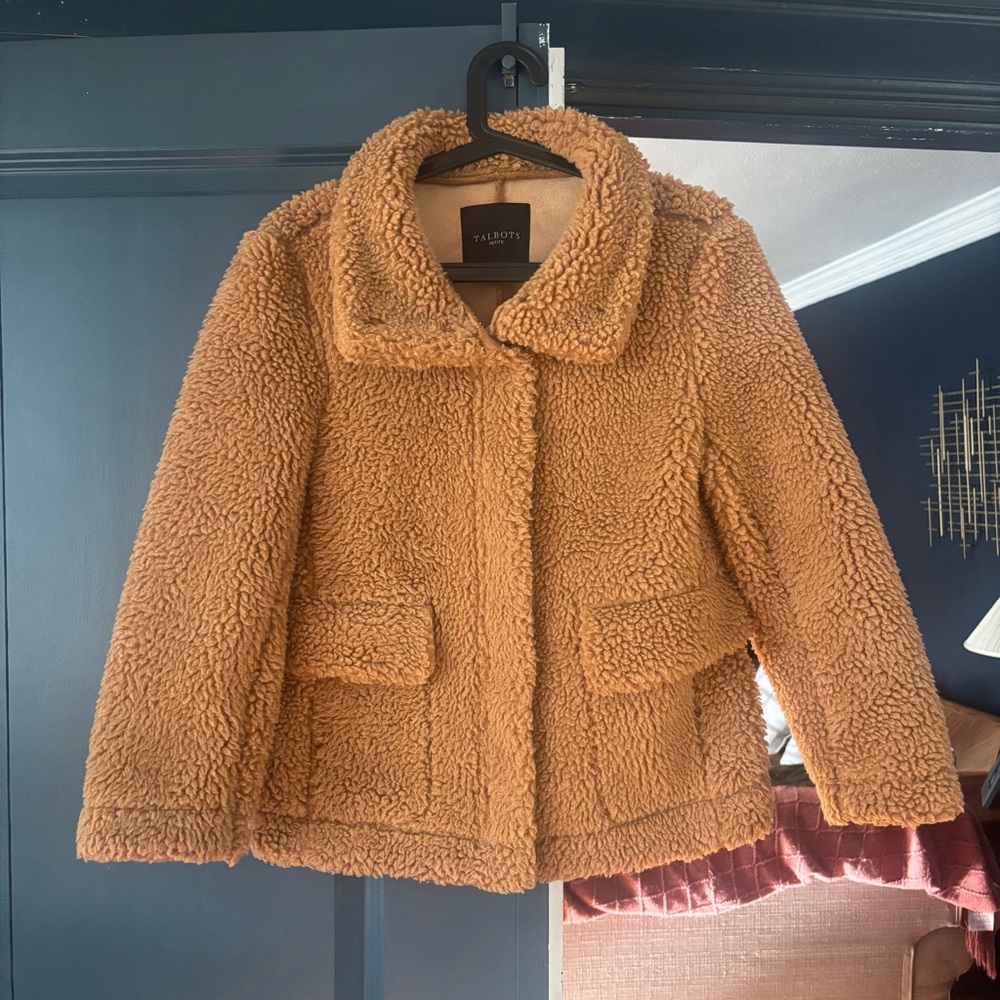 Talbots Black Label Brown Teddy Sherpa Full Zip Jacket Petite Size P